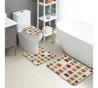 Autumn Bathroom Mat Sets 3 Piece, Colorful Geometric Patterns Absorbent Non Slip Toilet Rugs U Shaped Washable, Cozy Fall Quick Dry Flannel Bathroom Rug Set