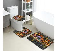 Autumn Bathroom Mat Sets 3 Piece, Colorful Mushroom Leaves Absorbent Non Slip Toilet Rugs U Shaped Washable, Fall Floral Quick Dry Memory Foam Bathroom Rug Set