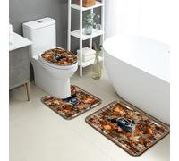Autumn Bathroom Mat Sets 3 Piece, Cozy Fall Leaves Pumpkins Non Slip Toilet Rugs U Shaped Washable, Warm Rustic Design Quick Dry Memory Foam Bathroom Rug Set