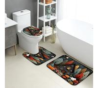 Autumn Bathroom Mat Sets 3 Piece, Cozy Haunted House Leaves Absorbent Non Slip Toilet Rugs U Shaped Washable, Fall Themed Quick Dry Flannel Bathroom Rug Set