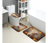 Autumn Bathroom Mat Sets 3 Piece, Cozy Poodle Animal Embellished Absorbent Non Slip Floor Rugs U Shaped Washable, Fall Harvest Quick Dry Flannel Bathroom Rug Set