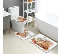 Autumn Bathroom Mat Sets 3 Piece, Cozy Pumpkin Spice Leaves Absorbent Non Slip Toilet Rugs U Shaped Washable, Harvest Floral Quick Dry Flannel Bathroom Rug Set