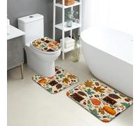 Autumn Bathroom Mat Sets 3 Piece, Cute Hedgehog Leaves Flowers Absorbent Non Slip Toilet Rugs U Shaped Washable, Fall Floral Quick Dry Flannel Bathroom Rug Set
