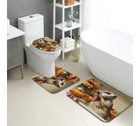Autumn Bathroom Mat Sets 3 Piece, Cute Meerkat Pumpkin Floral Absorbent Non Slip Toilet Rugs U Shaped Washable, Cozy Nature Quick Dry Flannel Bathroom Rug Set