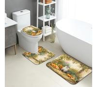 Autumn Bathroom Mat Sets 3 Piece, Cute Otter Pumpkin Floral Absorbent Non Slip Toilet Rugs U Shaped Washable, Cozy Nature Quick Dry Flannel Bathroom Rug Set