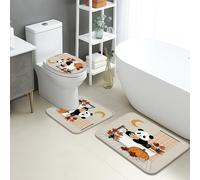 Autumn Bathroom Mat Sets 3 Piece, Cute Panda Pumpkin Absorbent Non Slip Toilet Rugs U Shaped Washable, Cozy Animal Quick Dry Flannel Bathroom Rug Set