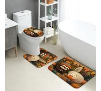 Autumn Bathroom Mat Sets 3 Piece, Cute Sloth Hedgehog Absorbent Non Slip Toilet Rugs U Shaped Washable, Cozy Forest Quick Dry Flannel Bathroom Rug Set