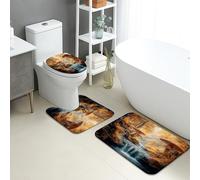 Autumn Bathroom Mat Sets 3 Piece, Enchanted Forest Mushroom Landscape Absorbent Non Slip Toilet Rugs U Shaped Washable, Cozy Nature Quick Dry Memory Foam Bathroom Rug Set