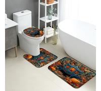 Autumn Bathroom Mat Sets 3 Piece, Enchanted Pumpkin Carriage Floral Absorbent Non Slip Toilet Rugs U Shaped Washable, Cozy Seasonal Quick Dry Flannel Bathroom Rug Set