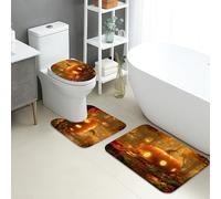 Autumn Bathroom Mat Sets 3 Piece, Enchanted Pumpkin Forest Absorbent Non Slip Toilet Rugs U Shaped Washable, Fall Fantasy Quick Dry Flannel Bathroom Rug Set