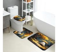 Autumn Bathroom Mat Sets 3 Piece, Fanciful Ghosts and Colorful Leaves Absorbent Non Slip Toilet Rugs U Shaped Washable, Cozy Fall Quick Dry Flannel Bathroom Rug Set