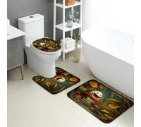 Autumn Bathroom Mat Sets 3 Piece, Fanciful Mushroom Leaves Absorbent Non Slip Toilet Rugs U Shaped Washable, Fantasy Quick Dry Flannel Bathroom Rug Set