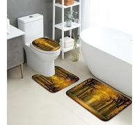 Autumn Bathroom Mat Sets 3 Piece, Golden Tree Pathway Absorbent Non Slip Toilet Rugs U Shaped Washable, Fall Nature Quick Dry Flannel Bathroom Rug Set