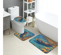 Autumn Bathroom Mat Sets 3 Piece, Playful Otter and Leaves Absorbent Non Slip Toilet Rugs U Shaped Washable, Cozy Nature Quick Dry Flannel Bathroom Rug Set