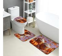 Autumn Bathroom Mat Sets 3 Piece, Pumpkin Spice Latte Floral Absorbent Non Slip Toilet Rugs U Shaped Washable, Cozy Fall Quick Dry Flannel Bathroom Rug Set