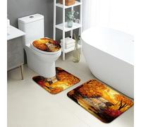Autumn Bathroom Mat Sets 3 Piece, Rustic Autumn Leaves Nature Absorbent Non Slip Toilet Rugs U Shaped Washable, Cozy Warm Color Quick Dry Memory Foam Bathroom Rug Set