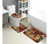Autumn Bathroom Mat Sets 3 Piece, Rustic Fall Leaves Floral Absorbent Non Slip Toilet Rugs U Shaped Washable, Seasonal Quick Dry Memory Foam Bathroom Rug Set