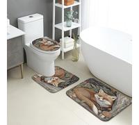 Autumn Bathroom Mat Sets 3 Piece, Rustic Fox and Mushroom Absorbent Non Slip Toilet Rugs U Shaped Washable, Nature Inspired Quick Dry Memory Foam Bathroom Rug Set