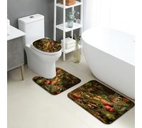 Autumn Bathroom Mat Sets 3 Piece, Rustic Green Foliage and Vibrant Mushroom Absorbent Non Slip Toilet Rugs U Shaped Washable, Seasonal Leaf Quick Dry Memory Foam Bathroom Rug Set