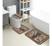 Autumn Bathroom Mat Sets 3 Piece, Rustic Leaf Patterns Absorbent Non Slip Toilet Rugs U Shaped Washable, Cozy Nature Quick Dry Flannel Bathroom Rug Set