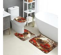 Autumn Bathroom Mat Sets 3 Piece, Rustic Red Truck and Mushroom Absorbent Non Slip Toilet Rugs U Shaped Washable, Fall Decor Quick Dry Memory Foam Bathroom Rug Set
