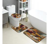 Autumn Bathroom Mat Sets 3 Piece, Rustic Tiger Sunflower Design Absorbent Non Slip Toilet Rugs U Shaped Washable, Fall Decor Quick Dry Memory Foam Bathroom Rug Set