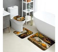 Autumn Bathroom Mat Sets 3 Piece, Tiger Sunflower Pattern Absorbent Non Slip Toilet Rugs U Shaped Washable, Fall Floral Quick Dry Memory Foam Bathroom Rug Set