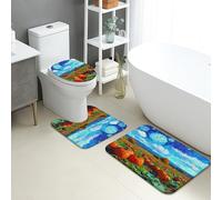 Autumn Bathroom Mat Sets 3 Piece, Vibrant Pumpkin Fields Art Absorbent Non Slip Toilet Rugs U Shaped Washable, Seasonal Harvest Quick Dry Memory Foam Bathroom Rug Set