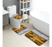 Autumn Bathroom Mat Sets 3 Piece, Vibrant Pumpkin Sunflower Fields Absorbent Non Slip Toilet Rugs U Shaped Washable, Colorful Quick Dry Memory Foam Bathroom Rug Set