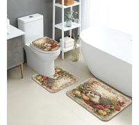 Autumn Bathroom Mat Sets 3 Piece, Vintage Otter Floral Absorbent Non Slip Toilet Rugs U Shaped Washable, Nature Inspired Quick Dry Flannel Bathroom Rug Set