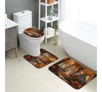 Autumn Bathroom Mat Sets 3 Piece, Warm Forest Pumpkin Leaves Absorbent Non Slip Toilet Rugs U Shaped Washable, Fall Harvest Quick Dry Memory Foam Bathroom Rug Set