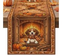 Autumn Beagle Table Runner, Cozy Rustic Dog Fireplace Pumpkins Harvest Kitchen Dining Decor for Fall Family Gatherings 13x72 Inch
