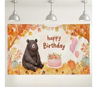 Autumn Bear Birthday Backdrop, Cute Animal Fall Decor for Party Celebrations, Autumn-Themed Indoor/Outdoor Banner for Kids Birthday, Fun Cake and Balloons Design 71x43 Inch