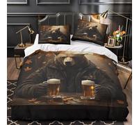 Autumn bear drinking 3D Printed Duvet Cover 3pc Premium Microfibre Concealed wild animal cozy scene Duvet Cover 2 Pillowcases Lightweight Stain-Resistant Teens Young Adults Single（140x200cm）