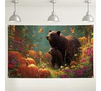 Autumn Bear Garden Backdrop, Wildlife Floral Nature Scene, Photography Background for Fall Themed Events, Seasonal Home Decor 71x43 Inch
