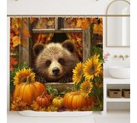 Autumn Bear Shower Curtain, Cozy Brown Bear Fall Decor with Sunflowers and Pumpkins, Rustic Farmhouse Style Waterproof Fabric Bathroom Curtain 62x72 Inch