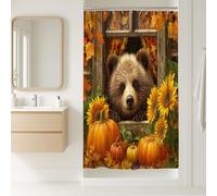 Autumn Bear Shower Curtain, Cozy Brown Bear Fall Decor with Sunflowers and Pumpkins, Rustic Farmhouse Style Waterproof Fabric Bathroom Curtain 36x72 Inch
