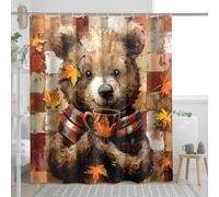 Autumn Bear Shower Curtain, Cozy Fall Brown Bear Decor for Bathroom, Thanksgiving Harvest Warm Rustic Waterproof Bath Curtain Set with Hooks 62x72 Inch