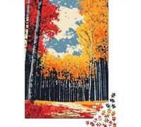 Autumn Birch Forest Path Minimalist Abstract Illustration Art 1000 Piece Jigsaw Puzzle, Global Monument Landscape, Thick Cardboard Pieces, Decorative Artwork for Travel Lovers, Travel Gift, 38x26cm/10