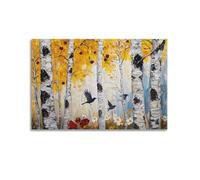 Autumn Birch Tree Canvas Wall Art Hanging Paintings Poster Fall Tree Forest Landscape Bird on Aspen Branch Artwork Rustic Nature Print Pictures Elegant Wall Decor for Bedroom Home Interior 20x30inch(5