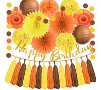 Autumn Birthday Decorations - Fall Party Decor with Orange, Yellow, Brown Paper Fans, Pom Poms, Lanterns, Tassel Garland & Happy Birthday Banner