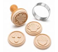 Autumn Biscuit Stamp Set, 4 Silicone Designs, Beech Handle and Cutter | BPA-free silicone stamp heads, beech wood grip and 7.5 cm stainless cutter for autumn biscuits, fondant and pastry
