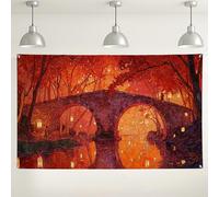 Autumn Bridge Wall Backdrop, Artistic Seasonal Nature Scenery Backdrop, Rustic Lantern Reflections Photography Background for Fall Parties 71x43 Inch