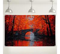 Autumn Bridge Wall Backdrop, Vibrant Red Leaf Scenic Art Decorations, Perfect Background for Photography, Fall Seasonal Party Event 71x43 Inch