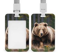 Autumn Brown Bear ID Badge Holder Retractable Badge Reel Vertical Card Name Tag Holder with Breakaway Lanyard, ID Cards Holders Case for Nurse Security Staff Women Men