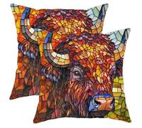 Autumn Buffalo Pillow Covers Set of 2, Colorful Mosaic Bison Throw Pillows Case, Rustic Decorative Square Farmhouse Decor Cushion Covers for Home Sofa Bed Couch 18x18 Inch