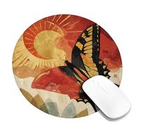 Autumn Butterfly Art Mouse Pad, Orange Yellow Abstract Design Stitched Edge Pad, Rubber Non-Slip Washable Gaming Mouse Pad for Office and Home Use Round 8x8 Inch