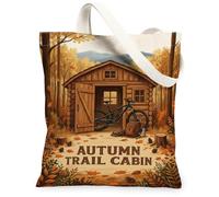 Autumn Cabin Mountain Biking Theme Log Canvas Tote Bag 13x15 Inch, Orange