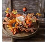 Autumn Candle Ring Wreath,Fall Candle Garland With Articial Sunflower,Pumkins And Mape Leaves,Autumn Decorations Table Centrepieces for Farmhouse Fall Thanksgiving Halloween Home Decor (A)