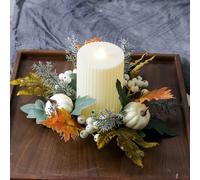 Autumn candle ring wreath,Fall Candle Garland with Artificial Pumpkin Maple Leaf,Mini Wreaths autumn table centrepieces, Halloween Decorations Farmhouse Thanksgiving Harvest Home Decor (B2)
